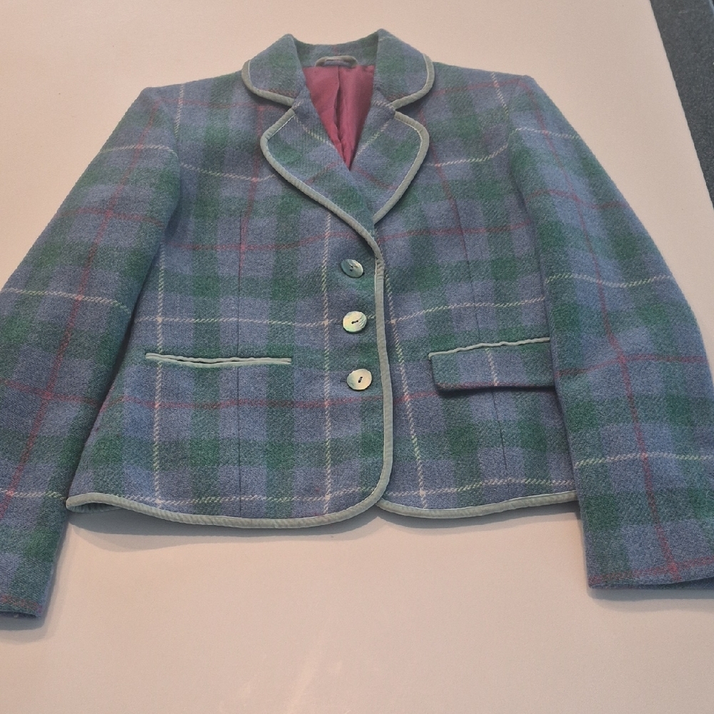 NESS 100% WOOL Plaid Women's Blazer - Green and Blue SZ 10